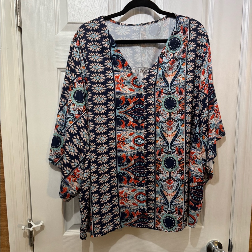 SHEIN Navy, Coral & Light Blue Boho V-Neck Kimono